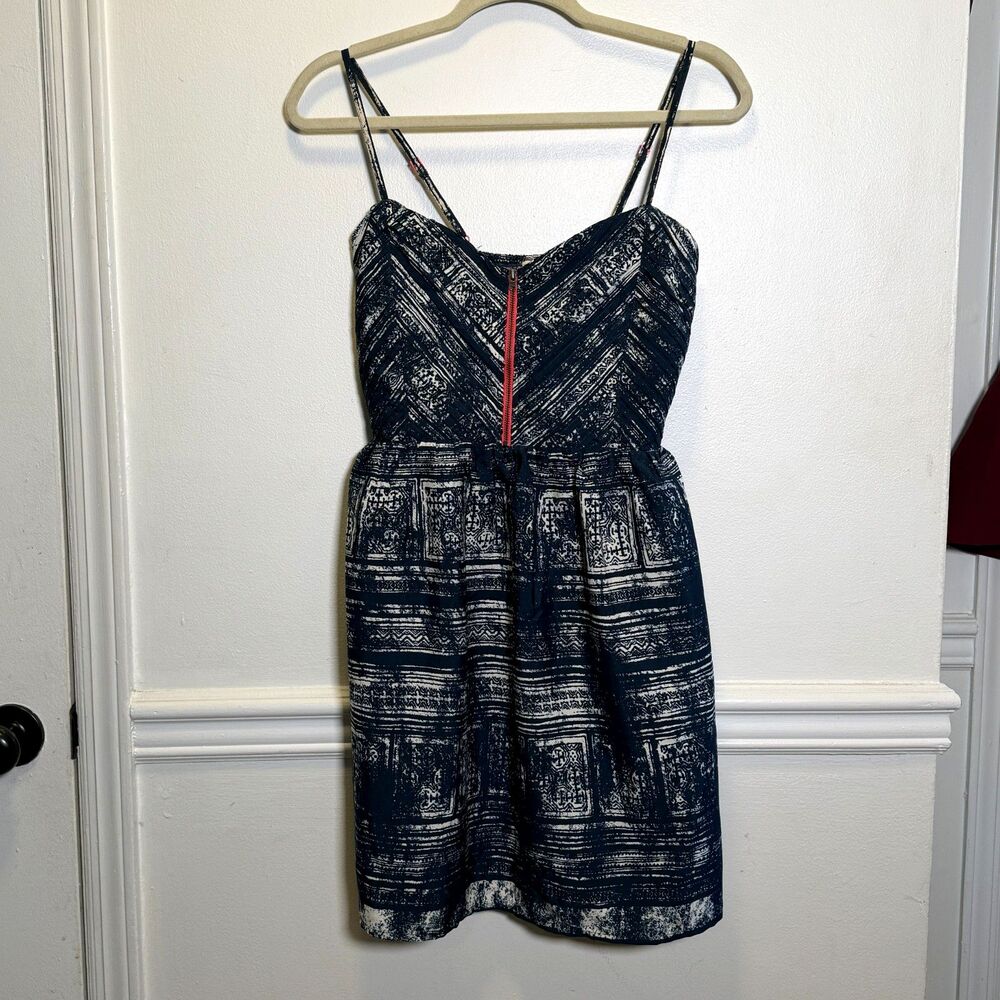 Roxy Womens Sundress Medium Blue White Tribal Print Spaghetti Strap Mini Dress